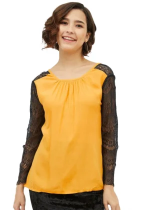 Generic Women's Rayon Lace Inserts Long Sleeves Top (Yellow)