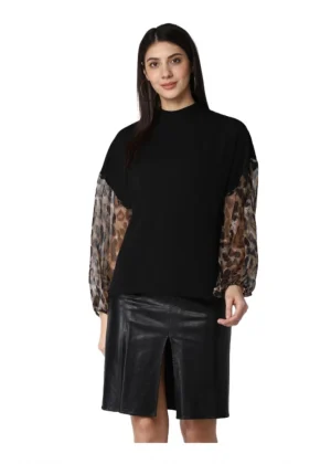 Generic Women's Polyester Animal Print Long Sleeves Top (Black)