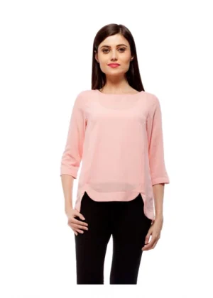 Generic Women's Polyester Solid 3-4th Sleeves Regular Top (Peach)