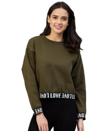 Generic Women's Fleece Solid Long Sleeves Sweatshirt (Olive)