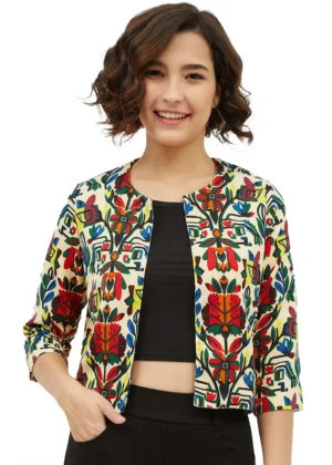 Generic Women's Polyester Floral 3-4th Sleeves Shrug (Multicolor)