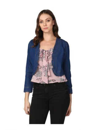 Generic Women's Denim Ruffled Long Sleeves Shrug (Navy Blue)