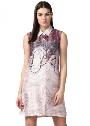 Generic Women's Polyester Printed Sleeveless Above Knee Dress (Orange)