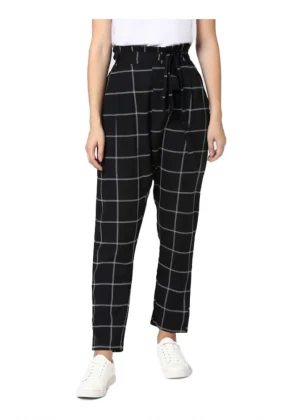 Generic Women's Polyester Checkered Elasticated Trousers (Black - White)
