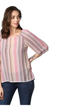 Generic Women's Polyester Striped 3-4th Sleeves Top (Pink)