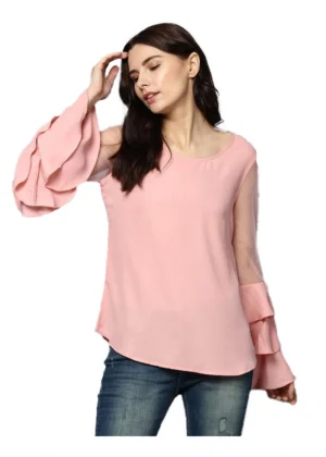 Generic Women's Polyester Solid Tier Sleeve Top (Pink)