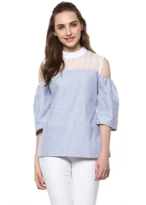 Generic Women's Cotton Striped Cold Shoulder Top (Blue)