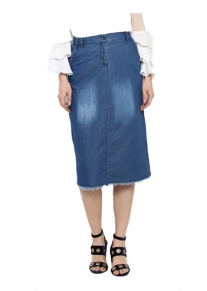 Generic Women's Denim Washed Buttoned Skirt (Blue)