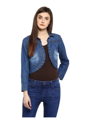 Generic Women's Denim Pleated 3-4th Sleeves Shrug (Blue)