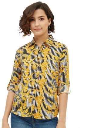 Generic Women's Polyester Printed Roll Up Sleeve Standard Length Shirt (Mustared)