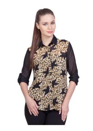 Generic Women's Polyester Printed Roll Up Sleeve Standard Length Shirt (Black)