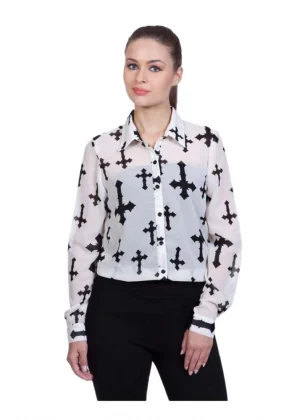 Generic Women's Polyester Printed Long Sleeves Standard Length Shirt (White)