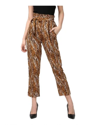 Generic Women's Polyester Animal Print Elasticated Trousers (Orange - Black)