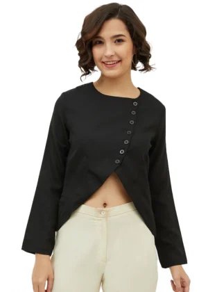 Generic Women's Polyester Asymmetrical Long Sleeves Top (Black)