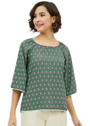 Generic Women's Polyester Printed 3-4th Sleeves Top (Green)