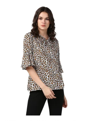 Generic Women's Polyester Animal Print Bell Sleeve Top (Orange - Black)
