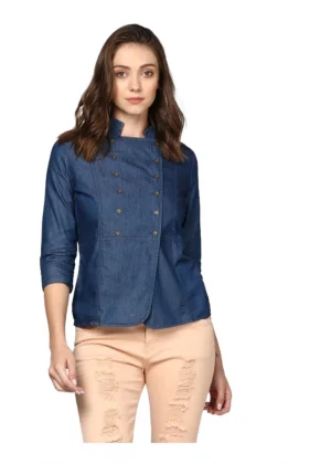 Generic Women's Denim Solid 3-4th Sleeves Top (Blue)