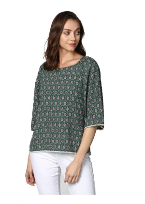 Generic Women's Polyester Printed 3-4th Sleeves Top (Green)