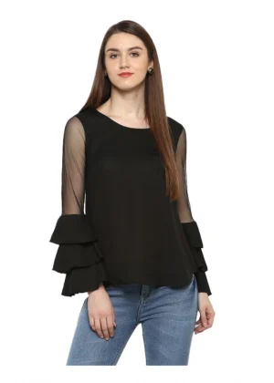 Generic Women's Polyester Solid Tier Sleeve Top (Black)