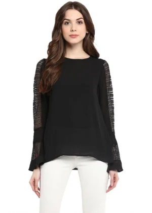Generic Women's Polyester Georgette Self Design Bell Sleeve Regular Top (Black)