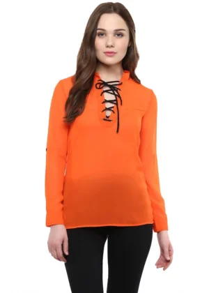 Generic Women's Polyester Solid Long Sleeves Regular Top (Orange)