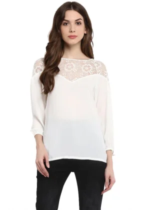 Generic Women's Polyester Georgette Self Design 3-4th Sleeves Regular Top (White)