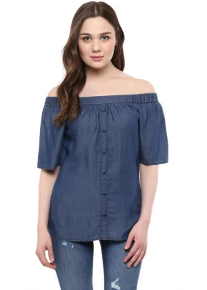 Generic Women's Denim Solid Short Sleeve Regular Top (Blue)