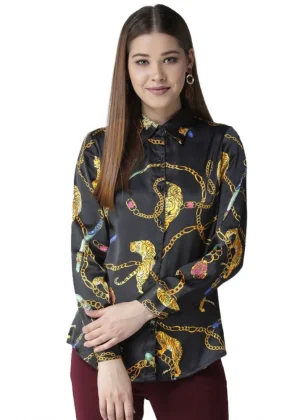 Generic Women's Satin Printed Long Sleeves Standard Length Shirt (Black - Gold)