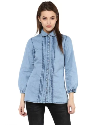 Generic Women's Denim Solid 3-4th Sleeves Standard Length Shirt (Blue)