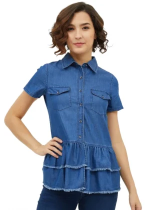 Generic Women's Denim Peplum Short Sleeve Top (Blue)