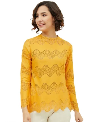 Generic Women's Cotton Lace Inserts Long Sleeves Top (Yellow)