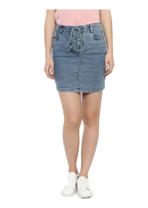 Generic Women's Denim Draw String Buttoned Skirt (Blue)