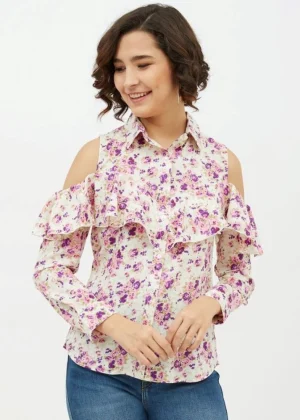 Generic Women's Polyester Floral Cold Shoulder Standard Length Shirt (White)