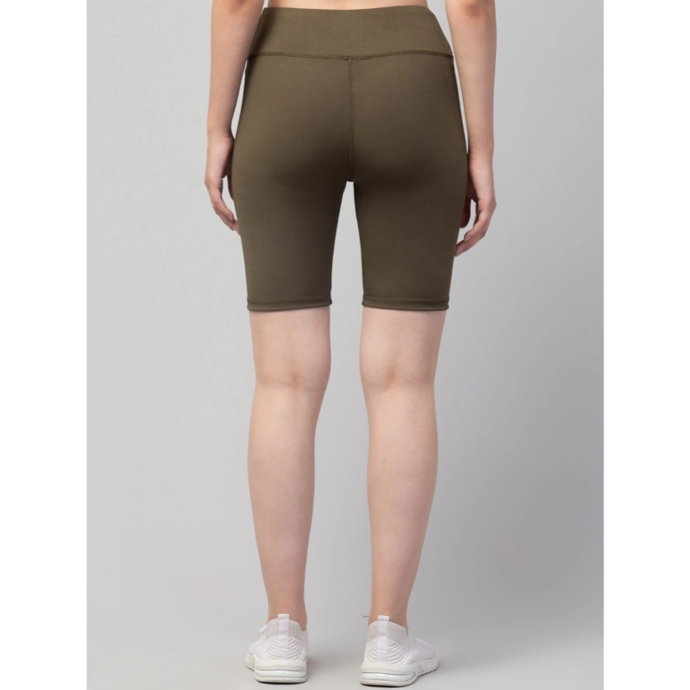Generic Women's Polyester Solid Above Knee High-Rise Shorts (Olive) - Image 2