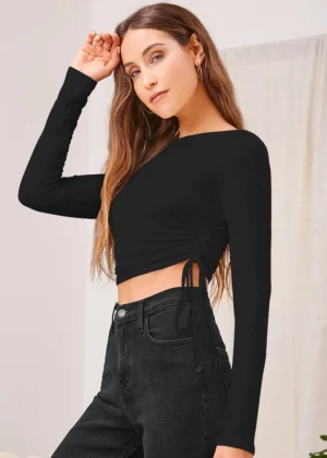 Generic Women's Polyester Solid Round Neck Full Sleeve Top (Black)