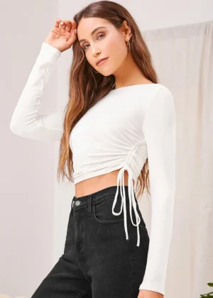 Generic Women's Polyester Solid Round Neck Full Sleeve Top (White)