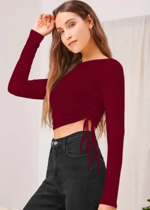 Generic Women's Polyester Solid Round Neck Full Sleeve Top (Maroon)