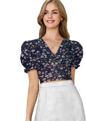Generic Women's Knitting Printed V-Neck Puff Sleeve Tops (Navy Blue)