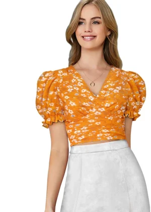 Generic Women's Knitting Printed V-Neck Puff Sleeve Tops (Yellow)