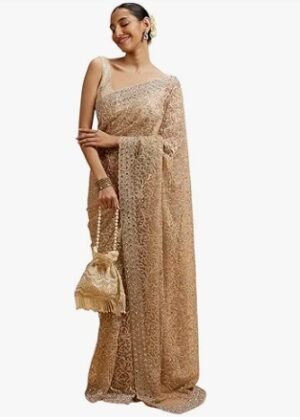 Womens Net Bel Buti Patterned Stone Embellished Saree