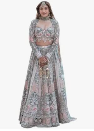 Bridal Lehenga Set with Embroidered Crop Top, Pink and Mint Green Heavy Work Wedding Dress with Dupatta