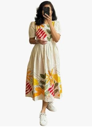 Floral Print Midi Dress, Round Neck, Puff Sleeves, Beige with Yellow and Red, Fit and Flare