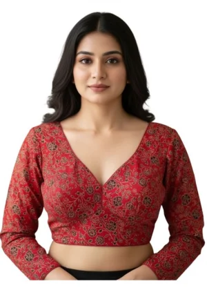 Generic Women's Ajrakh Cotton Printed V-Neck Padded Blouse (Red 38 Ready (Self Alterable 36?C40)
