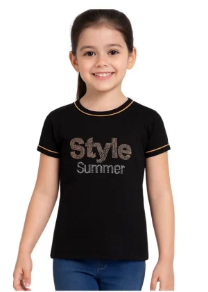 Generic Girl's Cotton Printeded Round Neck T-Shirt (Black)