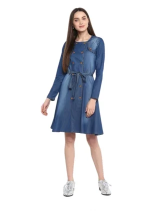 Generic Women's Denim Washed Regular Sleeves Dress (Blue)