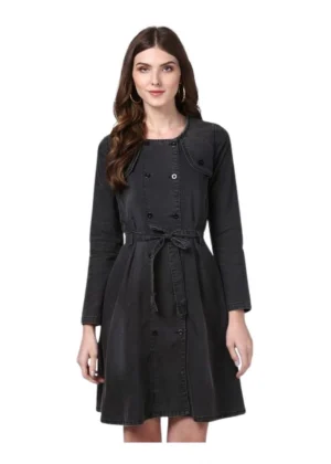 Generic Women's Denim Washed Long Sleeves Dress (Black)