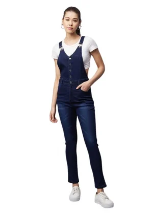 Generic Women's Denim Lycra Solid Buttoned Dungaree (Navy)