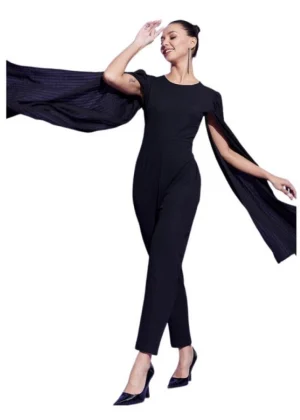 Generic Women's Polyeter Solid Cape Sleeve Jumpsuit (Black)