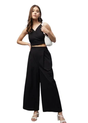 Generic Women's Cotton Linen Solid Sleeveless Crop Top and Palazzo Set (Black)