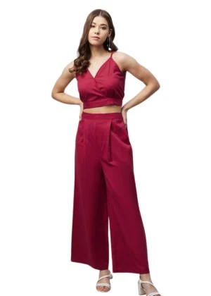 Generic Women's Cotton Linen Solid Sleeveless Crop Top and Palazzo Set (Maroon)